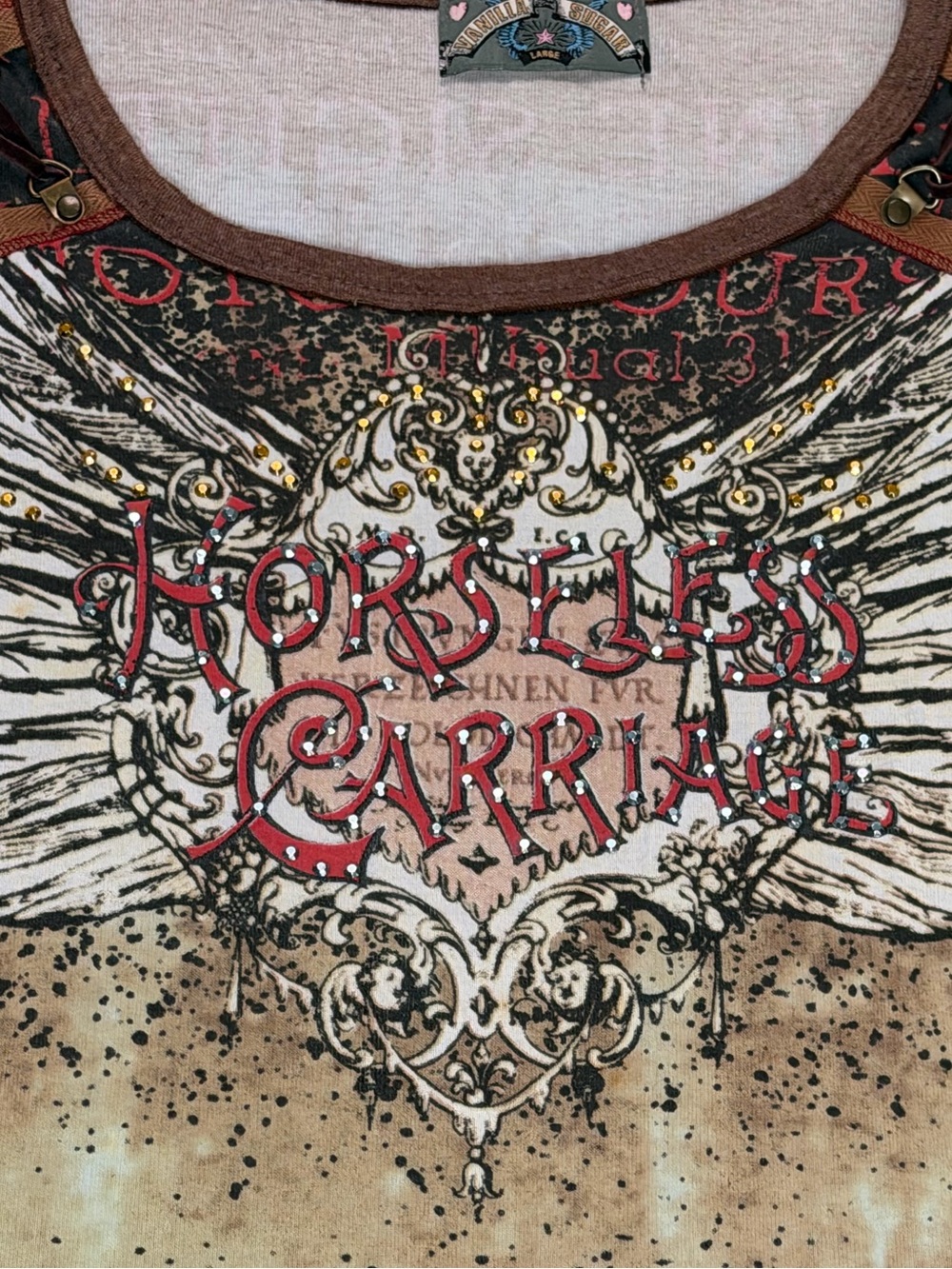 Vanilla Sugar Horseless Carriage Rhinestone Moto Graphic Tee Large Y2K
